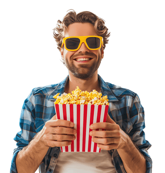 Exciting man holding bucket of popcorn on isolated transparent background png