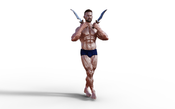 Illustration of Shirtless guy in blue panties showing his muscular body and hold twin dagger. Bodybuilder man. png