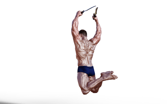 Illustration of Shirtless guy in blue panties showing his muscular body and hold twin dagger. Bodybuilder man. png