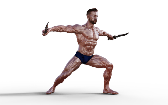 Illustration of Shirtless guy in blue panties showing his muscular body and hold twin dagger. Bodybuilder man. png