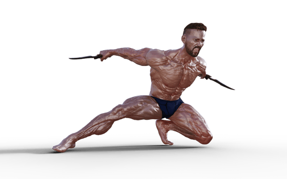 Illustration of Shirtless guy in blue panties showing his muscular body and hold twin dagger. Bodybuilder man. png