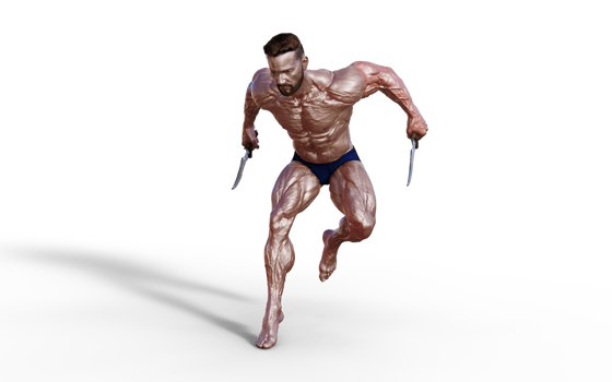 Illustration of Shirtless guy in blue panties showing his muscular body and hold twin dagger. Bodybuilder man. png