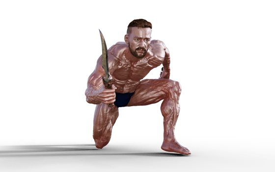 Illustration of Shirtless guy in blue panties showing his muscular body and hold twin dagger. Bodybuilder man. png
