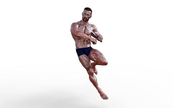 Illustration of Shirtless guy in blue panties showing his muscular body and hold twin dagger. Bodybuilder man. png