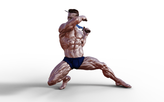 Illustration of Shirtless guy in blue panties showing his muscular body and hold twin dagger. Bodybuilder man. png