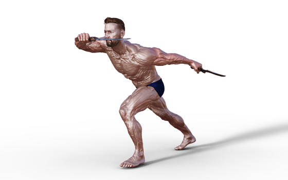 Illustration of Shirtless guy in blue panties showing his muscular body and hold twin dagger. Bodybuilder man. png