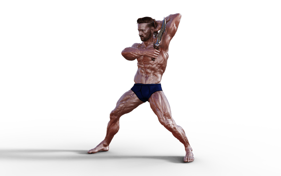 Illustration of Shirtless guy in blue panties showing his muscular body and hold twin dagger. Bodybuilder man. png