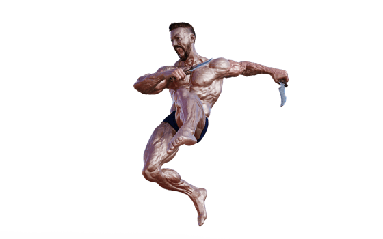 Illustration of Shirtless guy in blue panties showing his muscular body and hold twin dagger. Bodybuilder man. png