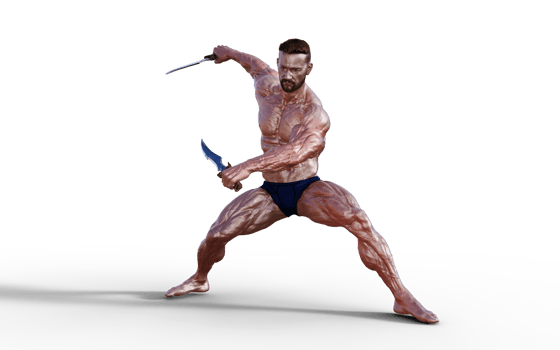 Illustration of Shirtless guy in blue panties showing his muscular body and hold twin dagger. Bodybuilder man. png