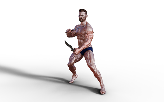 Illustration of Shirtless guy in blue panties showing his muscular body and hold twin dagger. Bodybuilder man. png