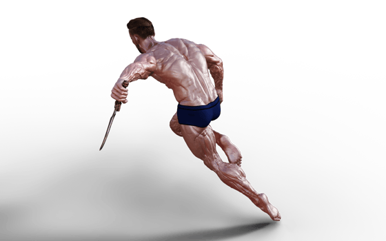 Illustration of Shirtless guy in blue panties showing his muscular body and hold twin dagger. Bodybuilder man. png