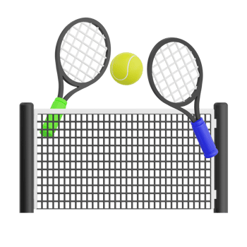 3D render racket, ball and net tennis icon illustration. Isolated on transparent background png
