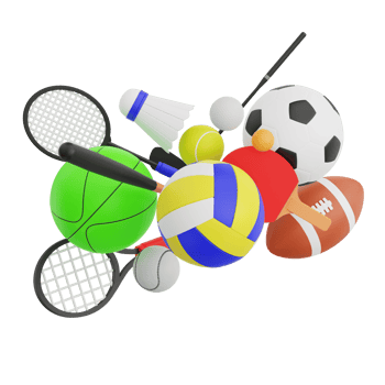 3D render collection of sports balls and equipment, including a tennis racket, a soccer ball, a baseball bat, and many more png