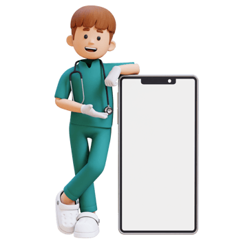 3D Doctor Character Presenting and Lying on Big Empty Phone Screen. Suitable for Medical content png