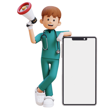 3D Doctor Character Holding Megaphone and Lying on Big Empty Phone Screen. Suitable for Medical content png