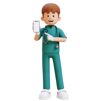 3D Doctor Character Pointing to Empty Phone Screen. Suitable for Medical content png
