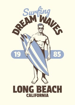 Vintage Shirt Illustration of Man Surfer Carry Surfboard vector
