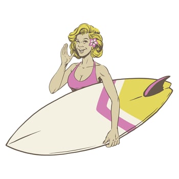 Vintage Woman in Swimsuit Carry Surfboard with Isolated on White Background vector