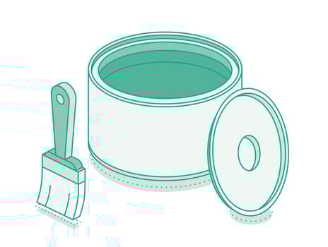 Isometric paint brush with open can and cap. Outline object isolated on white background. vector