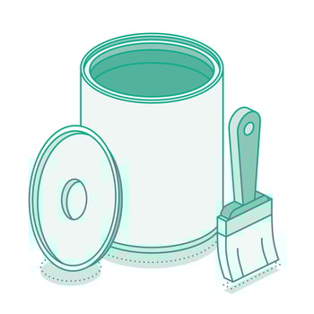 Isometric paint brush with open can and cap. Outline object isolated on white background. vector