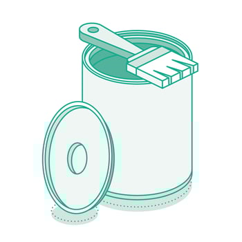 Isometric paint brush with open can and cap. Outline object isolated on white background. vector