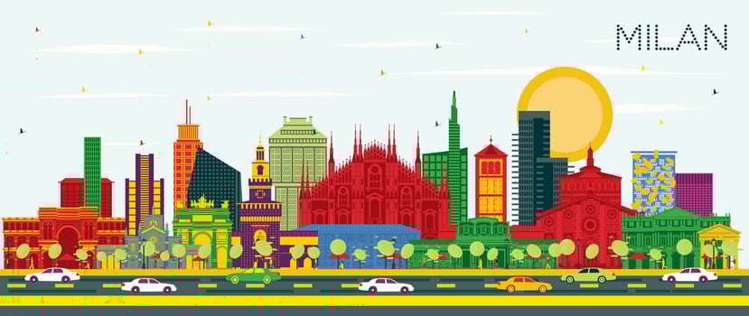 Milan Italy City Skyline with Color Buildings and Blue Sky. Business Travel and Concept with Historic Architecture. Milan Cityscape with Landmarks. vector