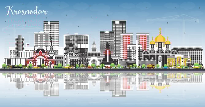 Krasnodar Russia city skyline with color buildings, blue sky and reflections. Krasnodar cityscape with landmarks. Business and tourism concept with modern architecture. vector