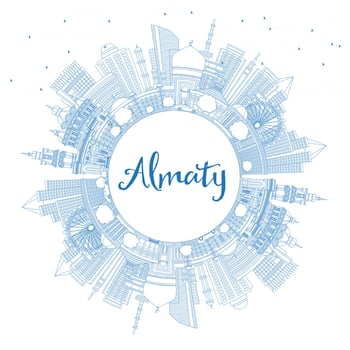 Outline Almaty Kazakhstan City Skyline with Blue Buildings and Copy Space. Almaty Cityscape with Landmarks. Business Travel and Tourism Concept with Modern Architecture. vector