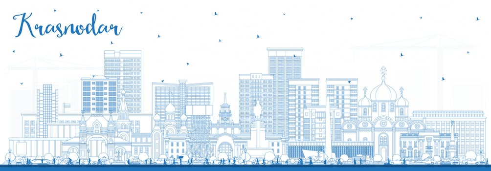 Outline Krasnodar Russia city skyline with blue buildings. Krasnodar cityscape with landmarks. Business travel and tourism concept with modern and historic architecture. vector