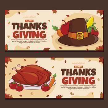 Thanksgiving banners set horizontal with turkey and pilgrim hat illustration vector