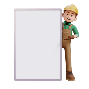 3D Construction Worker Character Presenting on Blank Placard png