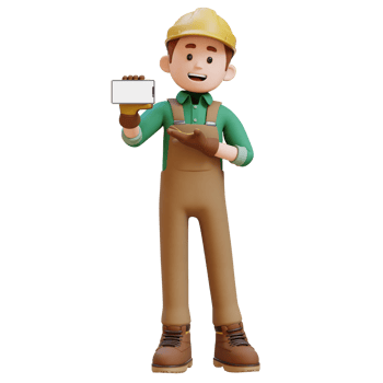 3D Construction Worker Character Presenting on Empty Phone Screen png