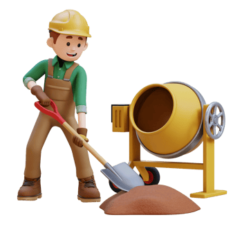 3D Construction Worker Character Work with Shovel and a Concrete Mixer Making Cement png