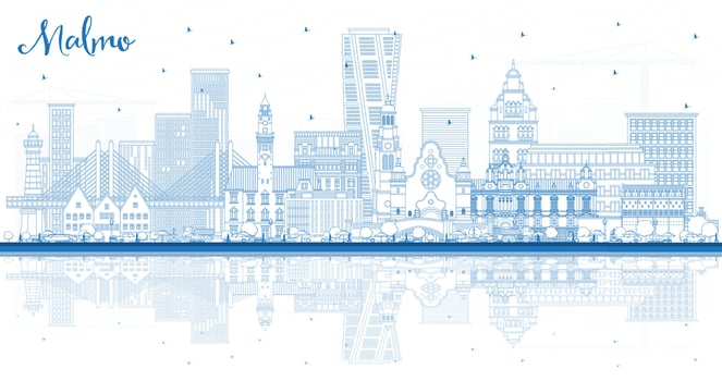 Outline Malmo Sweden City Skyline with Blue Buildings. Malmo Cityscape with Landmarks. Business Travel and Tourism Concept with Historic Architecture. vector