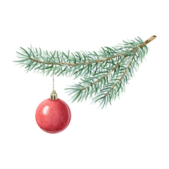 Fir branch with red Christmas ball ornament watercolor illustration. Green spruce tree with hanging decoration vector