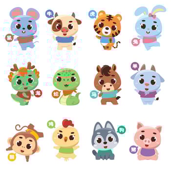 Chinese Zodiac animal cartoon set with Chinese text Chinese Zodiac animal vector