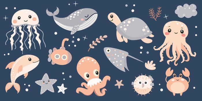 Set of cute sea animals. illustration in a flat style. vector