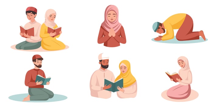 Muslim women and Muslim men pray. They read the Koran. Ramadan vector