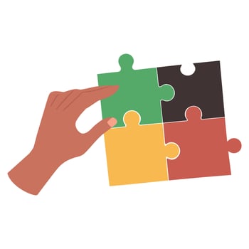 hand with puzzle pieces. Dark-skinned hands jigsaw puzzle pieces together, isolated on white. vector