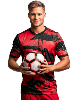 Portrait of a happy soccer player in modern red soccer attire isolated on transparent background png