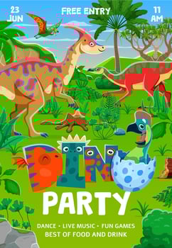 Kids dino party holiday flyer with funny dinosaurs vector