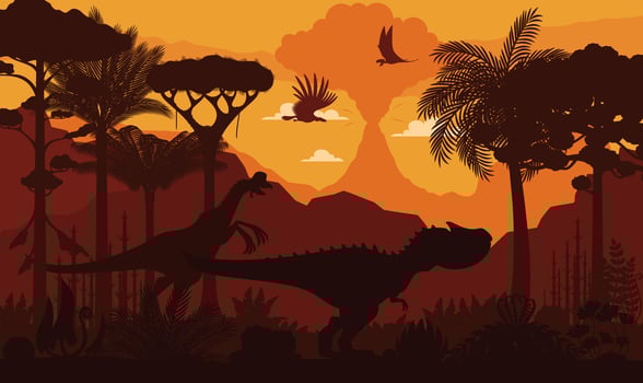 Prehistoric dinosaur silhouettes on dusk landscape vector