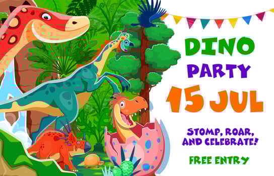 Birthday invite, kids dino party flyer, invitation vector