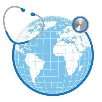 Illustration of a blue stethoscope with a globe vector