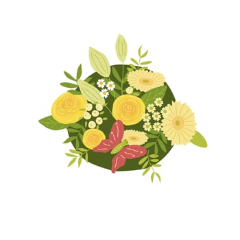 Floral illustration, Leaf and butterfly. Botanic composition for wedding or greeting card. Branch of flowers. Flower bouquet illustration in flat style. Isolated on white background vector