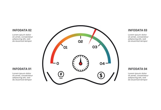 Speedometer infographic with 4 elements template for web, business, presentations, illustration. Business data visualization. vector