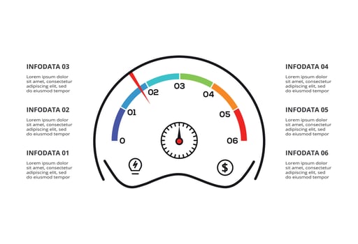 Speedometer infographic with 6 elements template for web, business, presentations, illustration. Business data visualization. vector