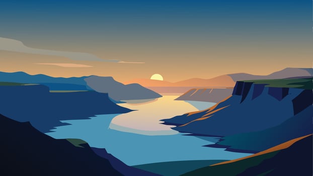 Amazing summer sunrise on Atlantic Ocean. Astonishing morning scene of Sorvagsvatn lake, Vagar, Faroe Islands, Denmark, Europe. flat illustration vector