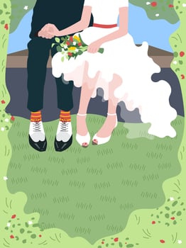Creative wedding card, bride with a bouquet of flowers holding the hand of the groom vector
