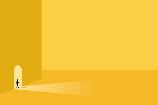 Business opportunity or career success concept with woman walking exit door. Symbol of courage, ambition, having a goal, inspiration vector
